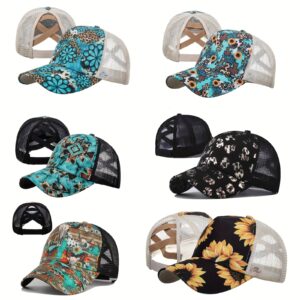 Vibrant Sunflower Print Ponytail Baseball Cap - Breathable Mesh, Adjustable Trucker Design, Lightweight, Sunshade, Golf and Sports Friendly, Perfect Dad Hats for Women and Ladies