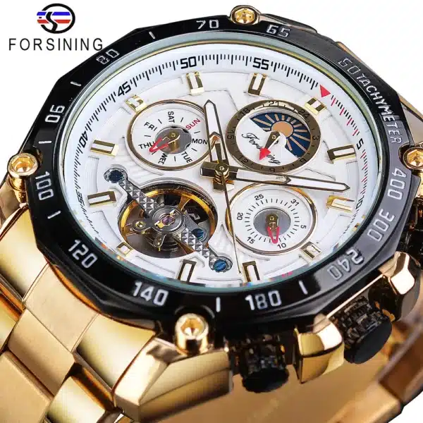 Forsining Brand Black Male Mechanical Watches Automatic Multifunction Tourbillon Moon Phase Date Racing Sport Steel Band Relogio - Image 7