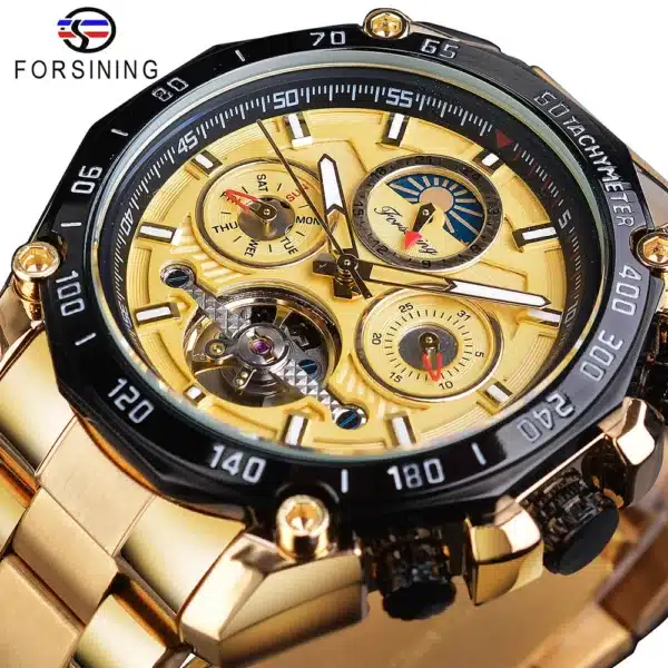 Forsining Brand Black Male Mechanical Watches Automatic Multifunction Tourbillon Moon Phase Date Racing Sport Steel Band Relogio - Image 9