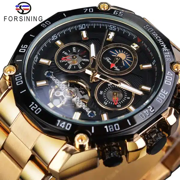 Forsining Brand Black Male Mechanical Watches Automatic Multifunction Tourbillon Moon Phase Date Racing Sport Steel Band Relogio - Image 6