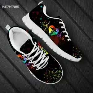 INSTANTARTS Rainbow Heart Drawing Women's Shoes Lace Up Sport Sneaker Healthcare Nursing Design Casual Flats Shoes Lightweight