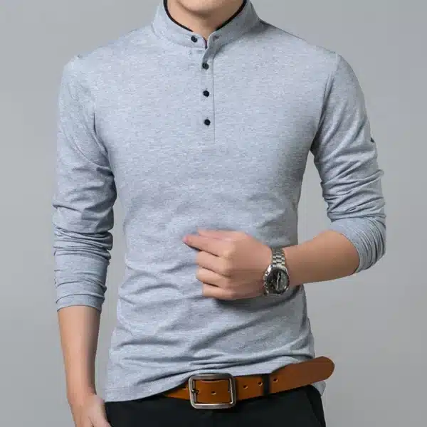 Liseaven T-Shirt Men Cotton T Shirt Full Sleeve tshirt Men Solid Color T-shirts tops&tees Mandarin Collar Long Shirt - Image 4