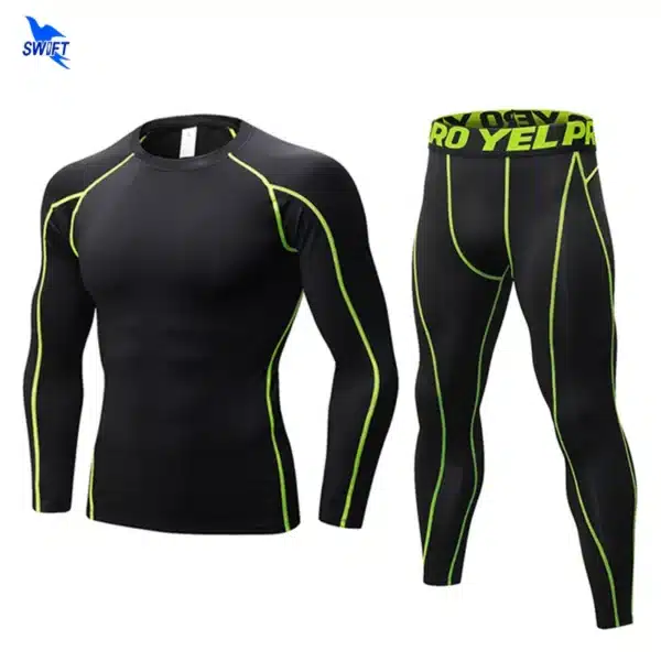 Tops+Leggings Mens 2 Pcs Activewear Fitness Sets Long Sleeve Sports Suit Quick Dry Elastic Tights Compression Running Clothing
