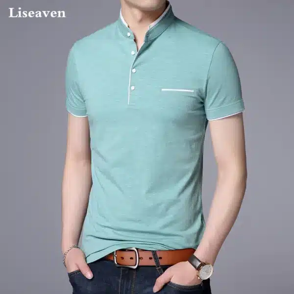 Liseaven Men Mandarin Collar T-Shirt basic tshirt male short sleeve shirt Brand New Tops&Tees Cotton T Shirt - Image 3