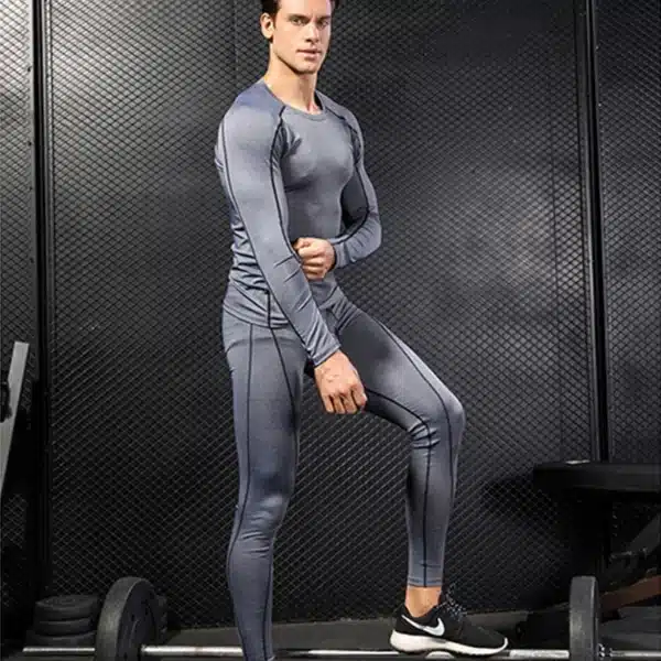 Tops+Leggings Mens 2 Pcs Activewear Fitness Sets Long Sleeve Sports Suit Quick Dry Elastic Tights Compression Running Clothing - Image 3