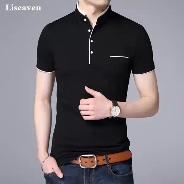 Liseaven Men Mandarin Collar T-Shirt basic tshirt male short sleeve shirt Brand New Tops&Tees Cotton T Shirt - Image 4