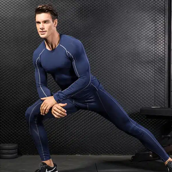 Tops+Leggings Mens 2 Pcs Activewear Fitness Sets Long Sleeve Sports Suit Quick Dry Elastic Tights Compression Running Clothing - Image 4