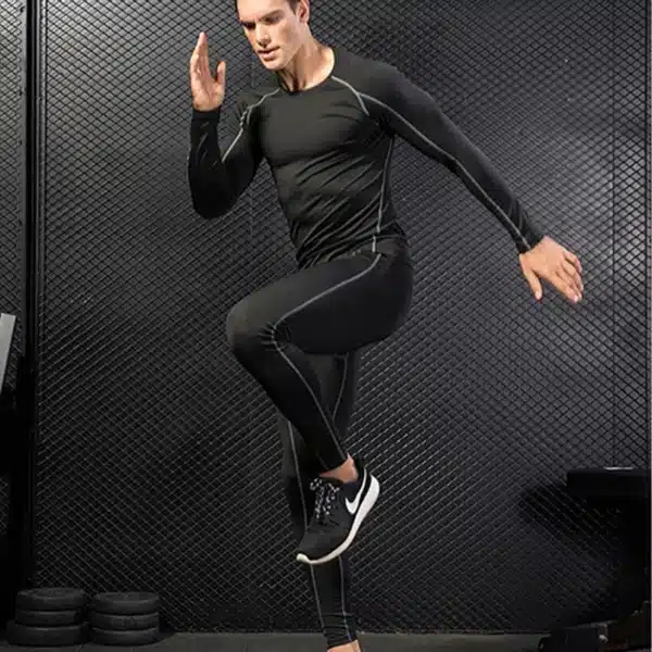 Tops+Leggings Mens 2 Pcs Activewear Fitness Sets Long Sleeve Sports Suit Quick Dry Elastic Tights Compression Running Clothing - Image 2