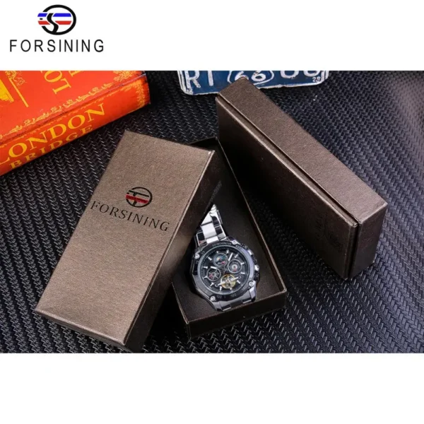 Forsining Brand Black Male Mechanical Watches Automatic Multifunction Tourbillon Moon Phase Date Racing Sport Steel Band Relogio - Image 2