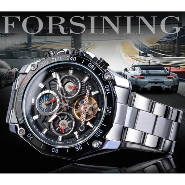 Forsining Brand Black Male Mechanical Watches Automatic Multifunction Tourbillon Moon Phase Date Racing Sport Steel Band Relogio - Image 8