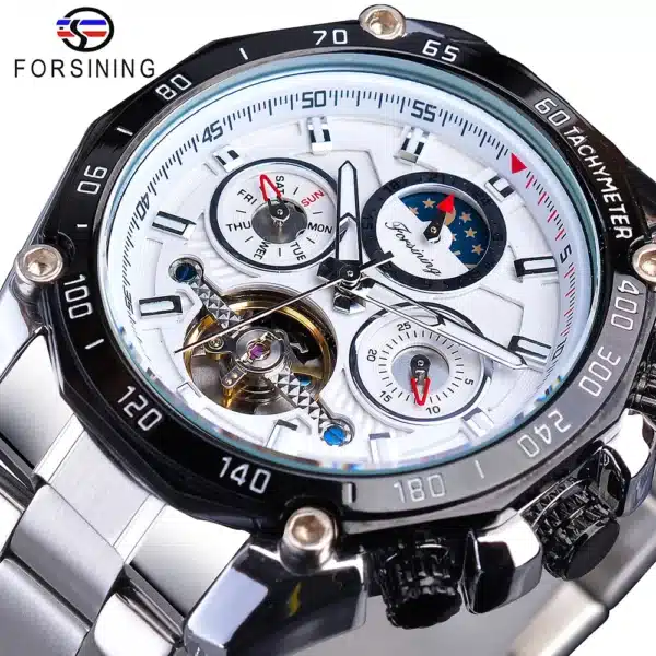 Forsining Brand Black Male Mechanical Watches Automatic Multifunction Tourbillon Moon Phase Date Racing Sport Steel Band Relogio - Image 10