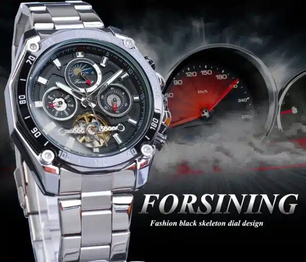 Forsining Brand Black Male Mechanical Watches Automatic Multifunction Tourbillon Moon Phase Date Racing Sport Steel Band Relogio - Image 4