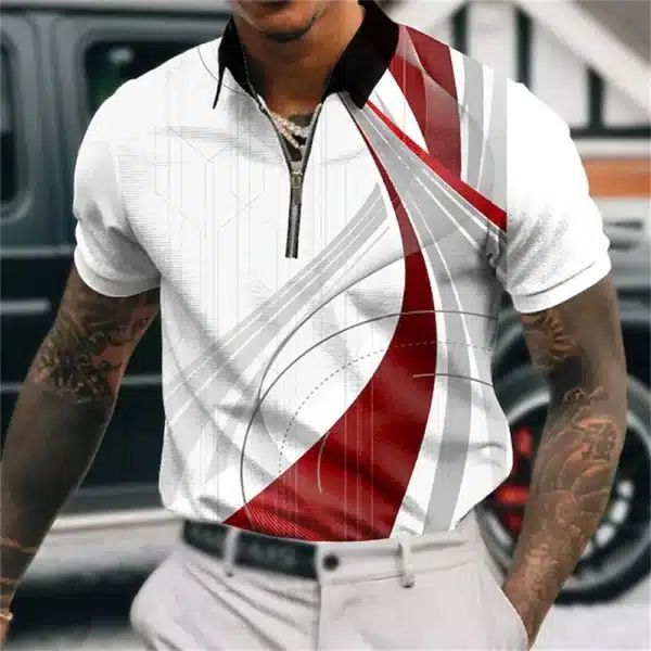 Men'S Zip Polo Lapel Polo Shirt Golf Shirts Graphic Prints Geometry Linear Turndown Short Sleeves Zipper Clothing Tops Designer - Image 30