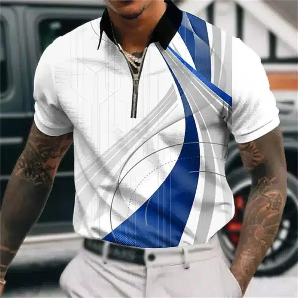 Men'S Zip Polo Lapel Polo Shirt Golf Shirts Graphic Prints Geometry Linear Turndown Short Sleeves Zipper Clothing Tops Designer - Image 17