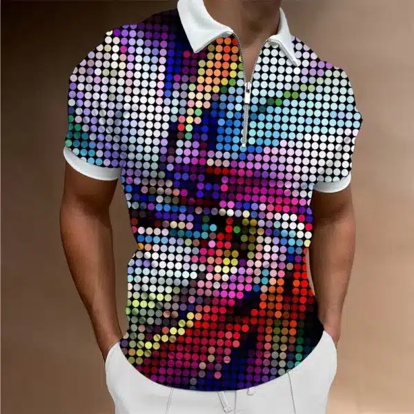 Fashion Men's Clothing Polo Shirts Casual Turn-Down Collar Zipper Golf Wear Ladder Print Short Sleeve Tee Shirt Men Polos Tops - Image 34
