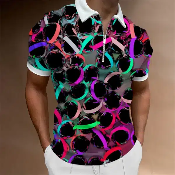 Fashion Men's Clothing Polo Shirts Casual Turn-Down Collar Zipper Golf Wear Ladder Print Short Sleeve Tee Shirt Men Polos Tops - Image 35