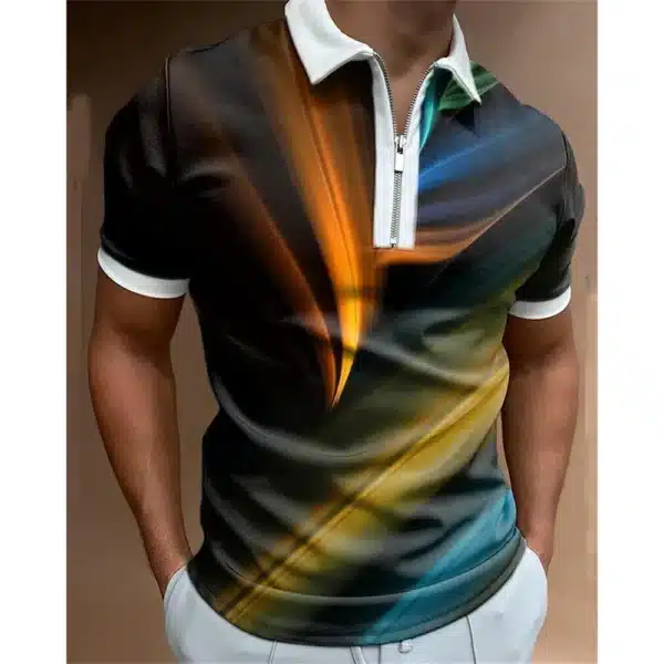 Fashion Men's Clothing Polo Shirts Casual Turn-Down Collar Zipper Golf Wear Ladder Print Short Sleeve Tee Shirt Men Polos Tops - Image 23