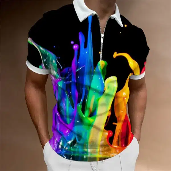Fashion Men's Clothing Polo Shirts Casual Turn-Down Collar Zipper Golf Wear Ladder Print Short Sleeve Tee Shirt Men Polos Tops - Image 36