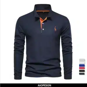 AIOPESON New Men's Deer Embroidery Polo Shirts Solid Color Long Sleeve Social Business Male