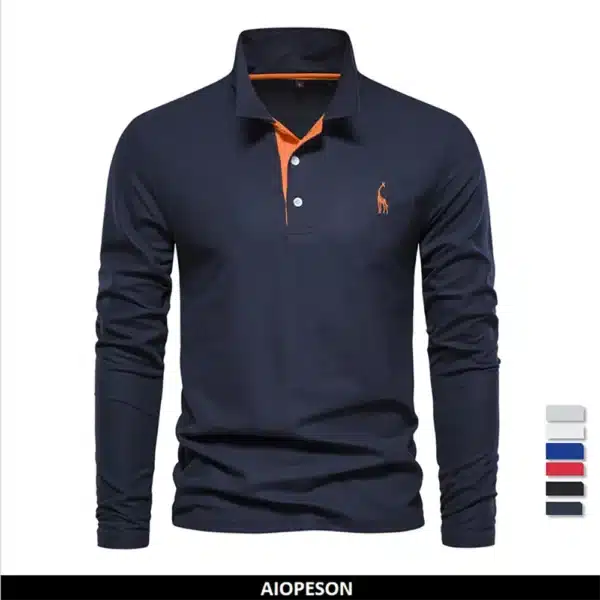 AIOPESON New Men's Deer Embroidery Polo Shirts Solid Color Long Sleeve Social Business Male