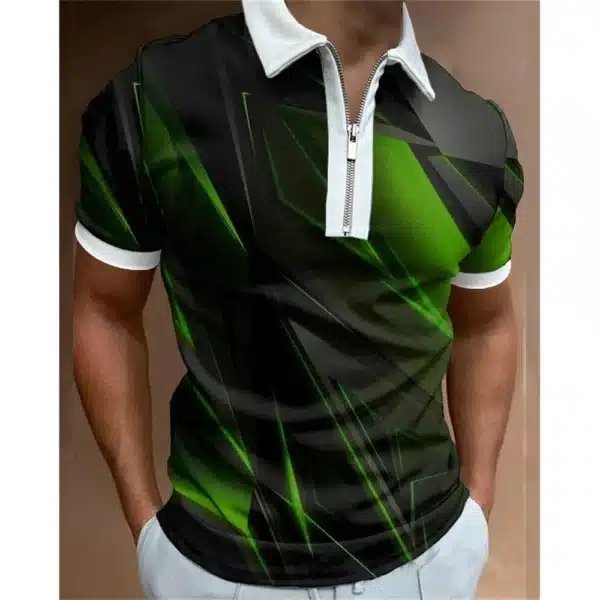 Fashion Men's Clothing Polo Shirts Casual Turn-Down Collar Zipper Golf Wear Ladder Print Short Sleeve Tee Shirt Men Polos Tops - Image 28