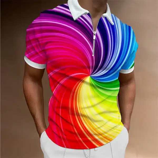Fashion Men's Clothing Polo Shirts Casual Turn-Down Collar Zipper Golf Wear Ladder Print Short Sleeve Tee Shirt Men Polos Tops - Image 33