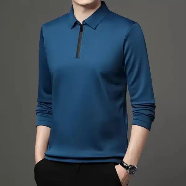 New T Shirt Zipper Polo Shirt Male Fashion Turn-Down Collar Long Sleeve Business Men Clothes - Image 10