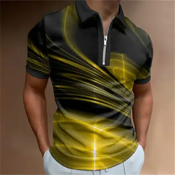 Fashion Men's Clothing Polo Shirts Casual Turn-Down Collar Zipper Golf Wear Ladder Print Short Sleeve Tee Shirt Men Polos Tops - Image 8