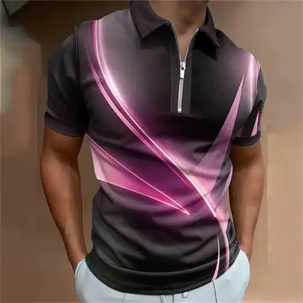Fashion Men's Clothing Polo Shirts Casual Turn-Down Collar Zipper Golf Wear Ladder Print Short Sleeve Tee Shirt Men Polos Tops - Image 3