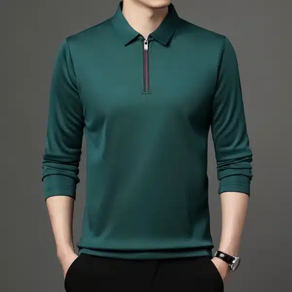 New T Shirt Zipper Polo Shirt Male Fashion Turn-Down Collar Long Sleeve Business Men Clothes - Image 3