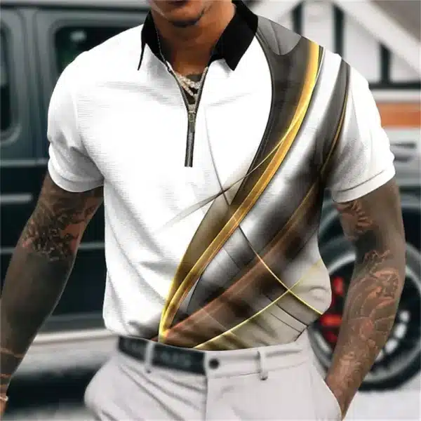 Men'S Zip Polo Lapel Polo Shirt Golf Shirts Graphic Prints Geometry Linear Turndown Short Sleeves Zipper Clothing Tops Designer - Image 33