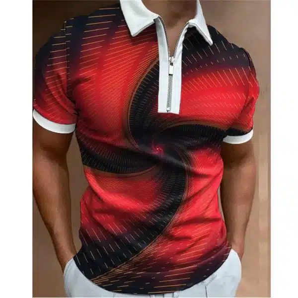 Fashion Men's Clothing Polo Shirts Casual Turn-Down Collar Zipper Golf Wear Ladder Print Short Sleeve Tee Shirt Men Polos Tops - Image 24