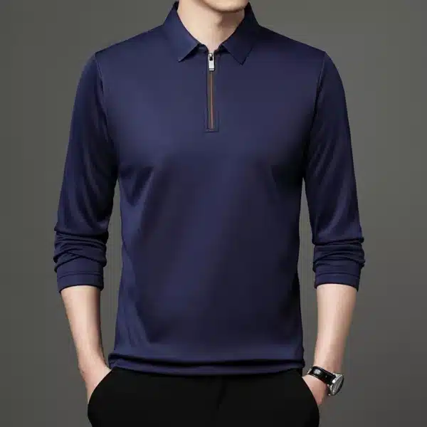 New T Shirt Zipper Polo Shirt Male Fashion Turn-Down Collar Long Sleeve Business Men Clothes - Image 5