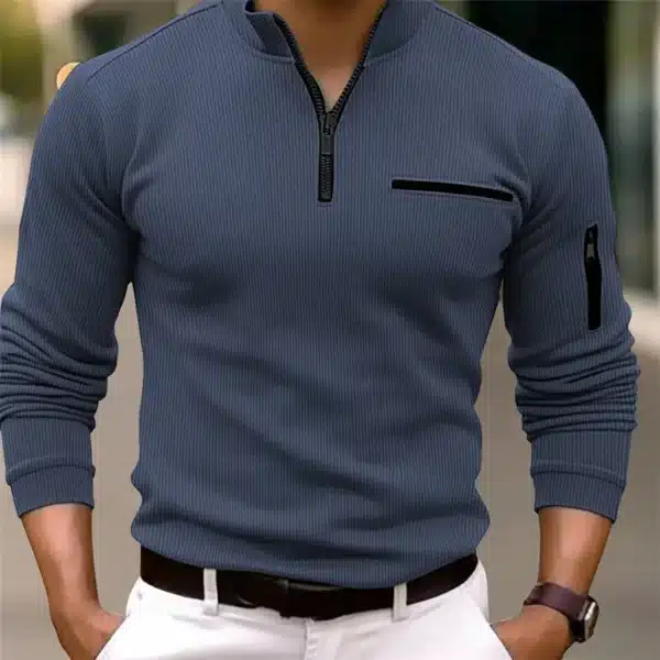 New light luxury light mature casual men sports retro  style striped zipper  arm  fashion men  outdoor  long  sleeve POLO shirt - Image 2