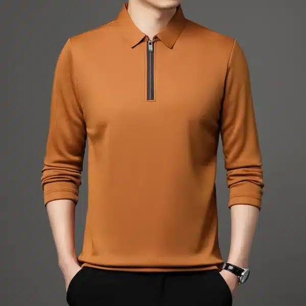 New T Shirt Zipper Polo Shirt Male Fashion Turn-Down Collar Long Sleeve Business Men Clothes - Image 2