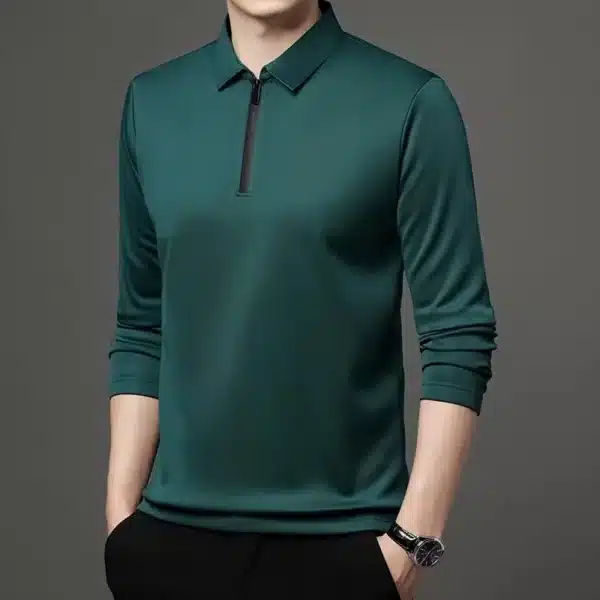New T Shirt Zipper Polo Shirt Male Fashion Turn-Down Collar Long Sleeve Business Men Clothes - Image 12