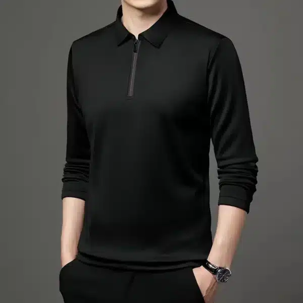 New T Shirt Zipper Polo Shirt Male Fashion Turn-Down Collar Long Sleeve Business Men Clothes - Image 8