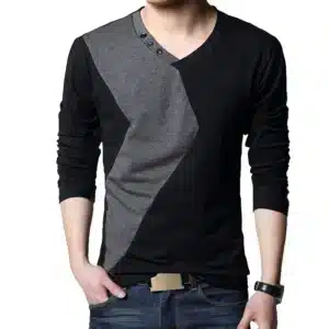BROWON Brand Autumn Mens T Shirts Fashion 2025 Streetwear Long Sleeve V Neck Color Patchwork Cotton T Shirt Men