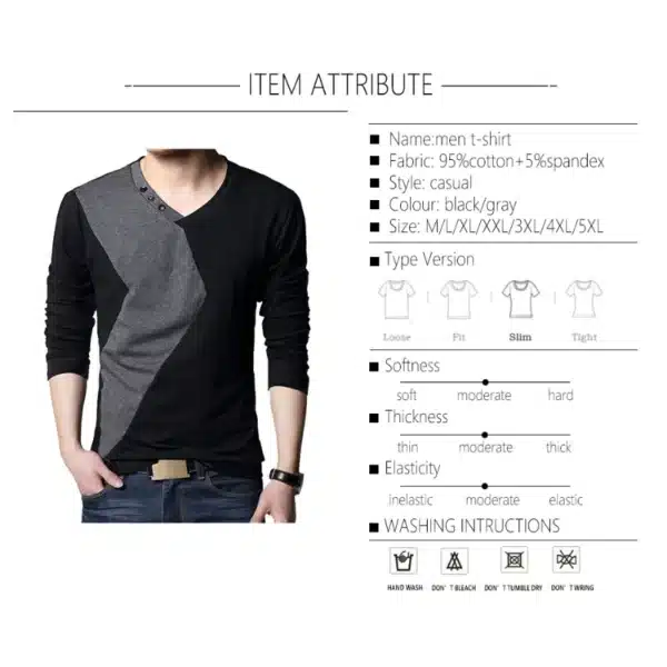 BROWON Brand Autumn Mens T Shirts Fashion 2025 Streetwear Long Sleeve V Neck Color Patchwork Cotton T Shirt Men - Image 5