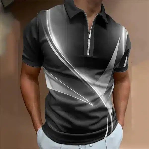 Fashion Men's Clothing Polo Shirts Casual Turn-Down Collar Zipper Golf Wear Ladder Print Short Sleeve Tee Shirt Men Polos Tops - Image 2