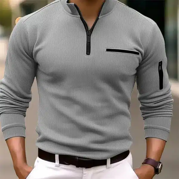 New light luxury light mature casual men sports retro  style striped zipper  arm  fashion men  outdoor  long  sleeve POLO shirt - Image 3