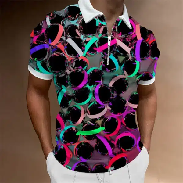 Fashion Men's Clothing Polo Shirts Casual Turn-Down Collar Zipper Golf Wear Ladder Print Short Sleeve Tee Shirt Men Polos Tops - Image 6