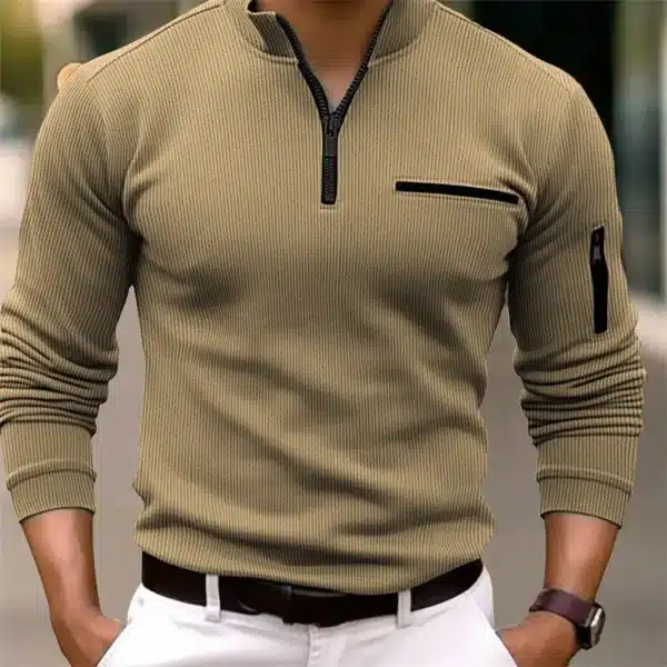 New light luxury light mature casual men sports retro  style striped zipper  arm  fashion men  outdoor  long  sleeve POLO shirt - Image 4