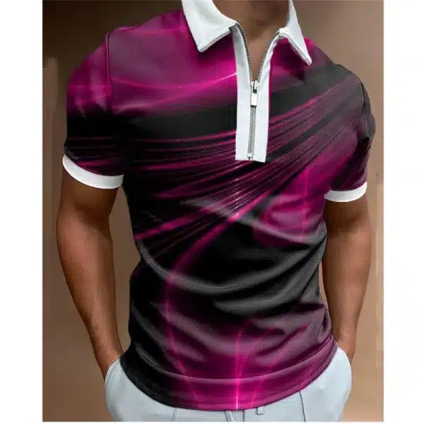 Fashion Men's Clothing Polo Shirts Casual Turn-Down Collar Zipper Golf Wear Ladder Print Short Sleeve Tee Shirt Men Polos Tops - Image 25