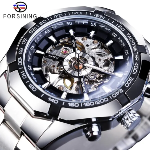 Forsining 2025 Stainless Steel Waterproof Mens Skeleton Watches Top Brand Luxury Transparent Mechanical Sport Male Wrist Watches
