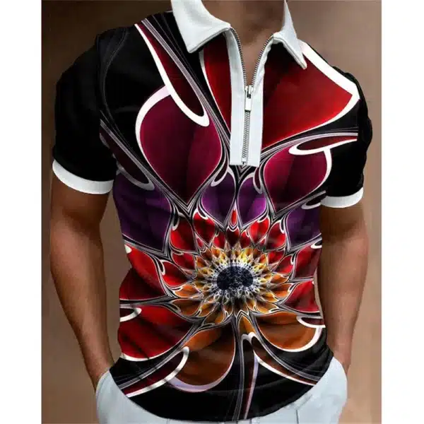 Fashion Men's Clothing Polo Shirts Casual Turn-Down Collar Zipper Golf Wear Ladder Print Short Sleeve Tee Shirt Men Polos Tops - Image 26