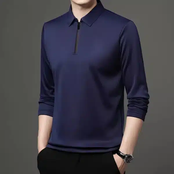 New T Shirt Zipper Polo Shirt Male Fashion Turn-Down Collar Long Sleeve Business Men Clothes - Image 9