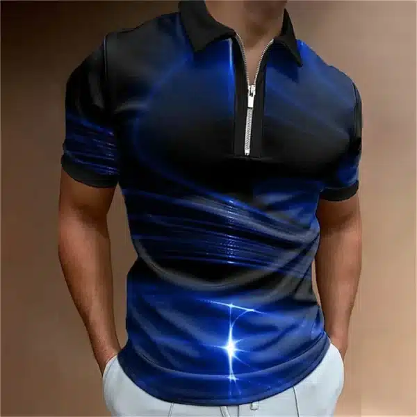 Fashion Men's Clothing Polo Shirts Casual Turn-Down Collar Zipper Golf Wear Ladder Print Short Sleeve Tee Shirt Men Polos Tops - Image 4