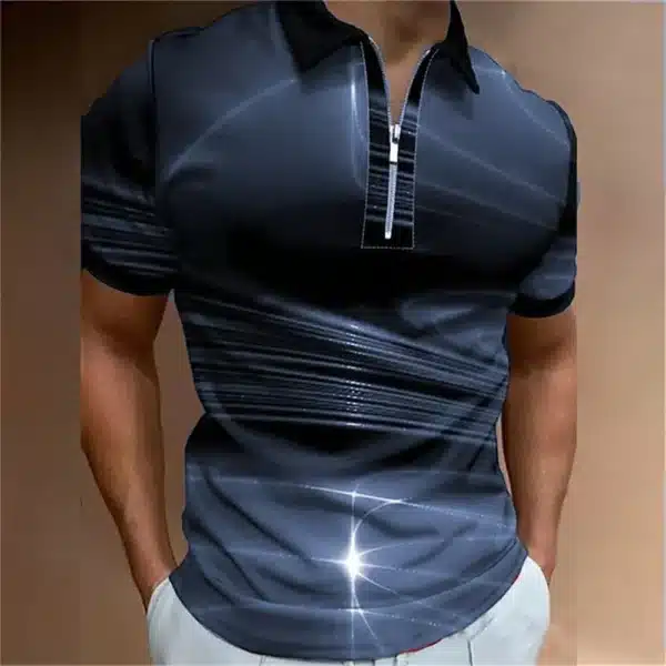 Fashion Men's Clothing Polo Shirts Casual Turn-Down Collar Zipper Golf Wear Ladder Print Short Sleeve Tee Shirt Men Polos Tops - Image 7