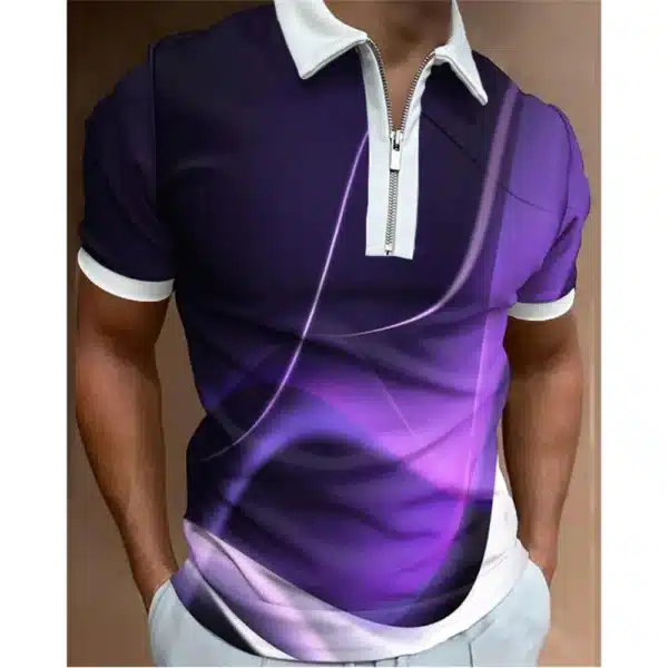 Fashion Men's Clothing Polo Shirts Casual Turn-Down Collar Zipper Golf Wear Ladder Print Short Sleeve Tee Shirt Men Polos Tops - Image 29